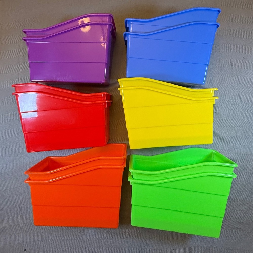 12 Pack Plastic Book Bins Rainbow Colors Classroom Storage Organizer Containers
